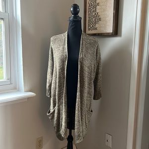 Sparrow cardigan, green and cream heather with wide pockets, size S
